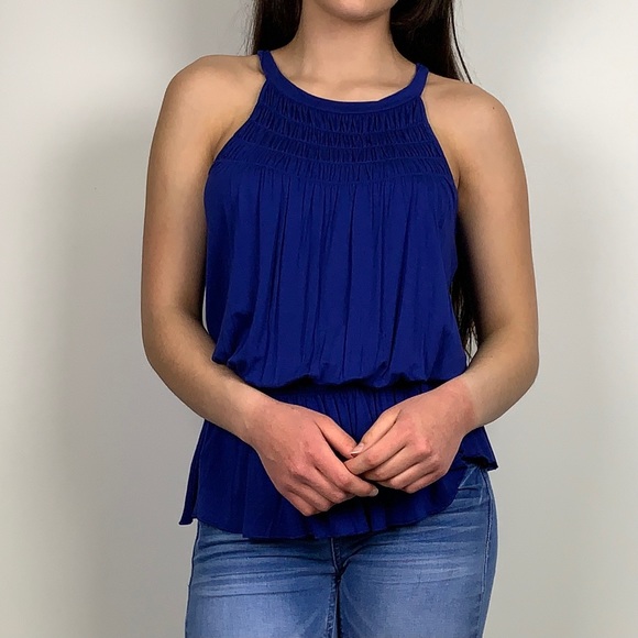 Willi Smith Blue Halter Smocked Keyhole Tank Top - Picture 2 of 10